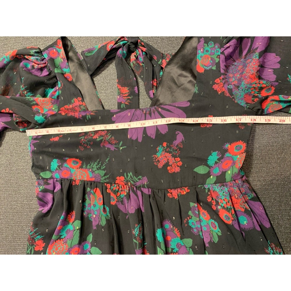 ModCloth Black Floral Puff Sleeve Babydoll Dress size Medium Meow Bouquet Retro - Picture 2 of 6